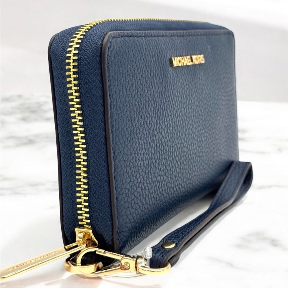 Michael Kors Large Jet Set Travel Flat MF Phone Case Wallet Navy Blue - Picture 4 of 8